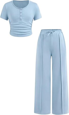 توين بنات بلون طاقم الرقبة سليم صالح زر قصيرة الأكمام أعلى و فضفاضة مستقيم الساق السراويل الصيف 2 قطعة الزي مجموعة in Kuwait