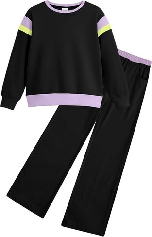 JiAmy Girls Clothing Sets 2 Piece Color Block Sweatsuit Long Sleeve Stylish Tops and Pants Clothes for 3-12 Years in Saudi Arabia