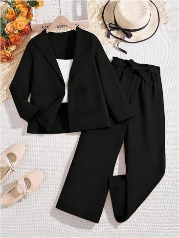 Milumia Girl's 2 Piece Outfits Open Front Collar Long Sleeve Blazer and Belted Pants Sets in Saudi Arabia