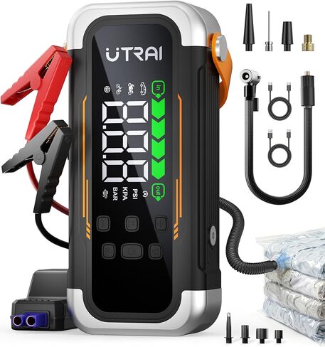 UTRAI Jump Starter مع ضاغط هواء، بطارية 6000 أمبير محمولة (جميع الغاز والديزل 10.0 لتر) مع منفاخ إطارات 150 رطل لكل بوصة مربعة ومنفاخ هواء، شحن سريع PD 30 وات، حزمة قفز صندوق القفز 12 فولت in Saudi Arabia