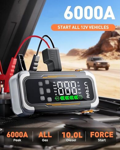 UTRAI Jump Starter مع ضاغط هواء، بطارية 6000 أمبير محمولة (جميع الغاز والديزل 10.0 لتر) مع منفاخ إطارات 150 رطل لكل بوصة مربعة ومنفاخ هواء، شحن سريع PD 30 وات، حزمة قفز صندوق القفز 12 فولت in Saudi Arabia