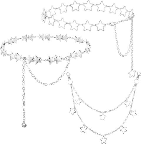 أحزمة سلسلة Y2K للنساء، سلسلة خصر على شكل نجمة، سلسلة جسم فضية مع مقاس قابل للتعديل، سلسلة سراويل للسراويل والفساتين، 3 قطع in Kuwait