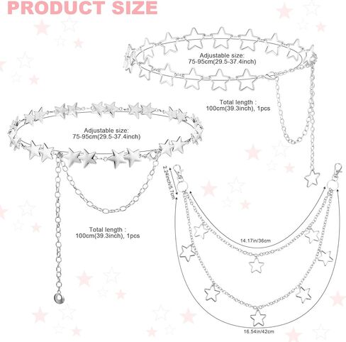أحزمة سلسلة Y2K للنساء، سلسلة خصر على شكل نجمة، سلسلة جسم فضية مع مقاس قابل للتعديل، سلسلة سراويل للسراويل والفساتين، 3 قطع in Kuwait