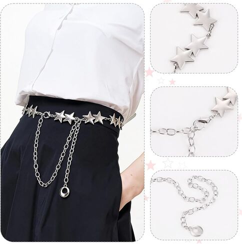 أحزمة سلسلة Y2K للنساء، سلسلة خصر على شكل نجمة، سلسلة جسم فضية مع مقاس قابل للتعديل، سلسلة سراويل للسراويل والفساتين، 3 قطع in Kuwait