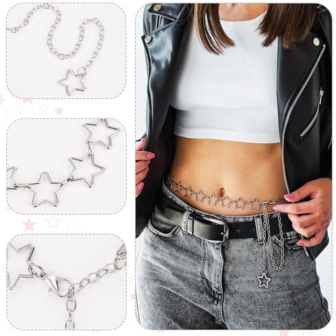 أحزمة سلسلة Y2K للنساء، سلسلة خصر على شكل نجمة، سلسلة جسم فضية مع مقاس قابل للتعديل، سلسلة سراويل للسراويل والفساتين، 3 قطع in Kuwait