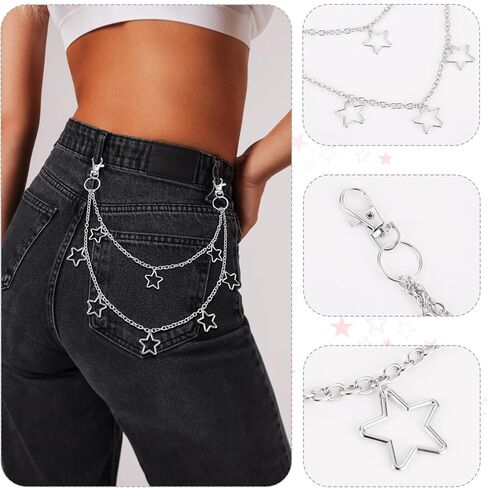 أحزمة سلسلة Y2K للنساء، سلسلة خصر على شكل نجمة، سلسلة جسم فضية مع مقاس قابل للتعديل، سلسلة سراويل للسراويل والفساتين، 3 قطع in Kuwait