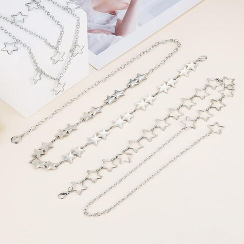 أحزمة سلسلة Y2K للنساء، سلسلة خصر على شكل نجمة، سلسلة جسم فضية مع مقاس قابل للتعديل، سلسلة سراويل للسراويل والفساتين، 3 قطع in Kuwait