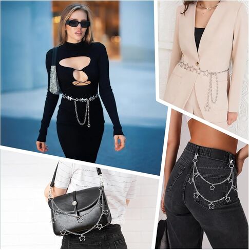 أحزمة سلسلة Y2K للنساء، سلسلة خصر على شكل نجمة، سلسلة جسم فضية مع مقاس قابل للتعديل، سلسلة سراويل للسراويل والفساتين، 3 قطع in Kuwait