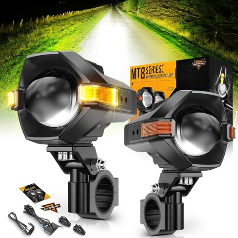 مصابيح ضباب LED للدراجة النارية من Auxbeam مصابيح قيادة كهرمانية ضوء مساعد، سلسلة MT8 أضواء LED مع 8 أوضاع مزدوجة اللون، 60 وات 6000 لومين ضوء عمل للطرق الوعرة للدراجات النارية ATV UTV Dirtbike Truck in Kuwait
