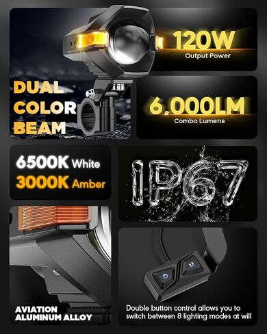 مصابيح ضباب LED للدراجة النارية من Auxbeam مصابيح قيادة كهرمانية ضوء مساعد، سلسلة MT8 أضواء LED مع 8 أوضاع مزدوجة اللون، 60 وات 6000 لومين ضوء عمل للطرق الوعرة للدراجات النارية ATV UTV Dirtbike Truck in Kuwait