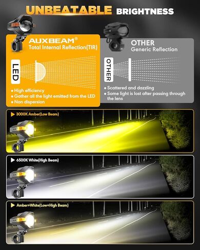 مصابيح ضباب LED للدراجة النارية من Auxbeam مصابيح قيادة كهرمانية ضوء مساعد، سلسلة MT8 أضواء LED مع 8 أوضاع مزدوجة اللون، 60 وات 6000 لومين ضوء عمل للطرق الوعرة للدراجات النارية ATV UTV Dirtbike Truck in Kuwait
