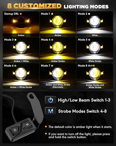 مصابيح ضباب LED للدراجة النارية من Auxbeam مصابيح قيادة كهرمانية ضوء مساعد، سلسلة MT8 أضواء LED مع 8 أوضاع مزدوجة اللون، 60 وات 6000 لومين ضوء عمل للطرق الوعرة للدراجات النارية ATV UTV Dirtbike Truck in Kuwait