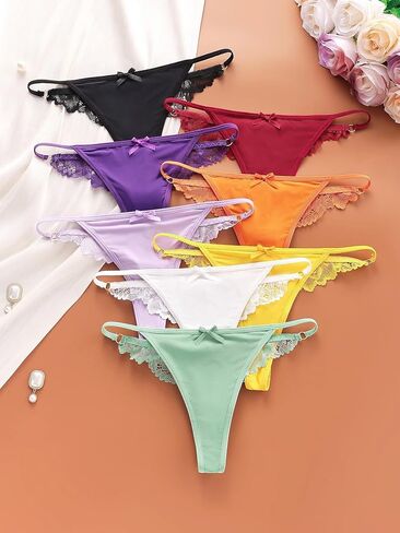 Plus Size Lace Thong Panties, 8-Pack Sexy Lace Bow Thong Underwear Set, Comfortable Breathable Women’s Lace Thongs in Saudi Arabia