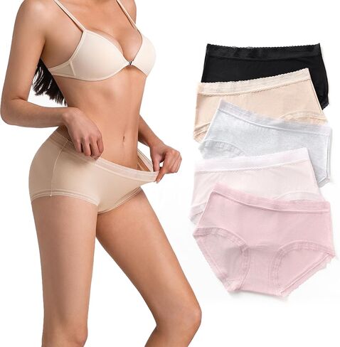 Womens Underwear Soft Lyocell Lace Panties Mid Waist Hipster Womens Briefs Breathable Comfortable 5 Pack in Saudi Arabia