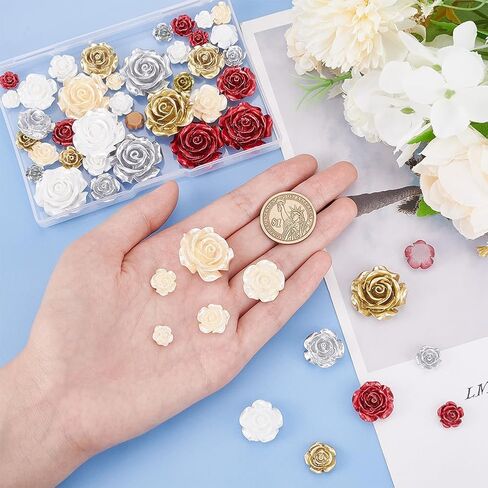 PH PandaHall 50pcs Flower Beads 5 Sizes Rose Cabochons 5 Colors Flatback Floral Resin Beads Opaque Rose Cabochons Backs for Spring Phone Case Hairpin Shoe Scrapbooking Jewelry Making Home Decor in Kuwait