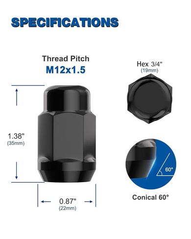 GAsupply 1/2 x 20 Black Lug Nuts, 1/2''-20 Closed End Bulge Acorn Lug Nut Set 1.38" 35mm Tall 3/4" 19mm Hex Conical Seat 60 Degree, 20pcs in Kuwait