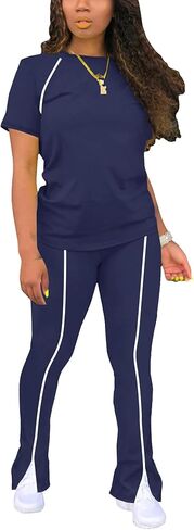 ملابس نسائية مكونة من قطعتين بدلة رياضية صيفية مخططة بأكمام قصيرة وطويلة واسعة بدلة رياضية غير رسمية للعطلات in Kuwait