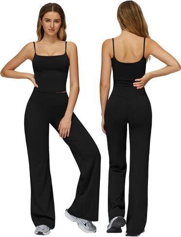 Womens Two Piece Workout Sets Spaghetti Straps Crop Top Matching Straight Leg Pants Gym Yoga Pilates Outfits in Saudi Arabia