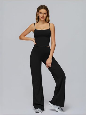 Womens Two Piece Workout Sets Spaghetti Straps Crop Top Matching Straight Leg Pants Gym Yoga Pilates Outfits in Saudi Arabia