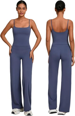 Womens Two Piece Workout Sets Spaghetti Straps Crop Top Matching Straight Leg Pants Gym Yoga Pilates Outfits in Saudi Arabia