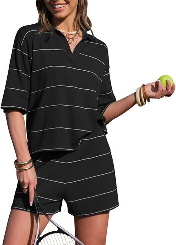 EXLURA Womens Summer 2 Piece Outfits Faux Cashmere Sweater Knit V Neck Tops Matching Shorts Sets Tennis Workout Vacation 2026 in Saudi Arabia