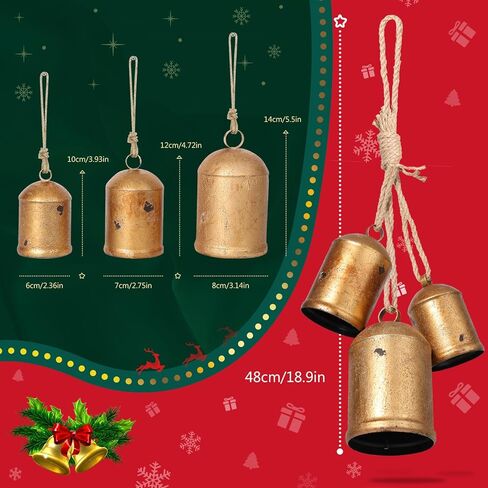 Christmas Bells for Decoration, Set of 3 Rustic Vintage Gold Bell Country Harmony Lucky Metal Cowbells with Hemp Rope for Christmas Tree Wreaths Doors Windows Decorations in Saudi Arabia