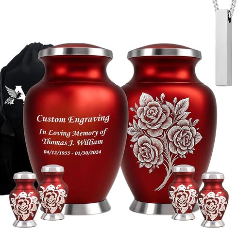 مجموعة من 6 جرار حرق جثث الورد الأحمر للرماد البشري للإناث البالغات مع جرة كبيرة للرماد للنساء، 4 تذكارات وقلادة تذكارية in Kuwait