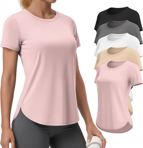 5 Pack Women's Workout Shirts Short Sleeve Crewneck T-Shirts Loose Fit Quick Dry Tees with Side Slits Running Tops in Saudi Arabia