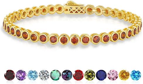 Birthstone Tennis Bracelets for Women, 925 Sterling Silver 14K Gold Plated Bracelet 4mm Round Cubic Zirconia Bezel Setting, jewelry Gift for Women Mom Wife Her on Anniversary Birthday, 7 Inch in Saudi Arabia