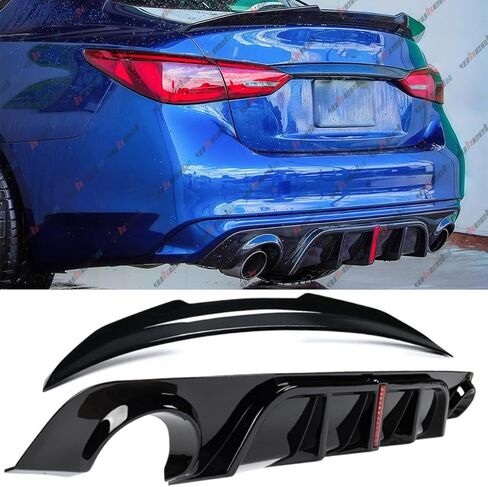 2018–2024 Compatible with Infiniti Q50, Rear Trunk Spoiler & Rear Bumper Diffuser with V2 LED Brake Light, PSM Duckbill Style, Gloss Black – WheelX in Saudi Arabia