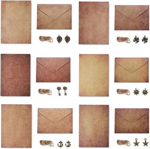 مجموعة حرفية كلاسيكية كاملة: مجموعة حروف عتيقة مكونة من 60 قطعة مع ورق قرطاسية وأظرف قديمة وحبل ومفاتيح كلاسيكية للدعوات ورسائل الحب in Kuwait