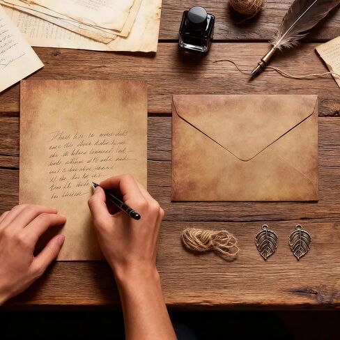 مجموعة حرفية كلاسيكية كاملة: مجموعة حروف عتيقة مكونة من 60 قطعة مع ورق قرطاسية وأظرف قديمة وحبل ومفاتيح كلاسيكية للدعوات ورسائل الحب in Kuwait