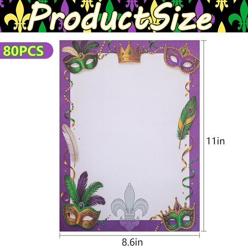 codree 80 Sheets Mardi Gras Letterhead Stationery Printer Paper, 11 x 8.6 Inch Purple Gold Green Masquerade Paper Stationery, Mardi Gras Decorative Writing Papers for Party Invitations in Saudi Arabia