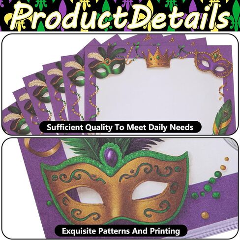 codree 80 Sheets Mardi Gras Letterhead Stationery Printer Paper, 11 x 8.6 Inch Purple Gold Green Masquerade Paper Stationery, Mardi Gras Decorative Writing Papers for Party Invitations in Saudi Arabia