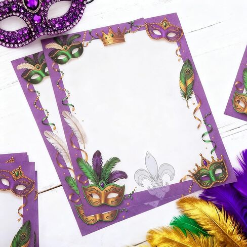 codree 80 Sheets Mardi Gras Letterhead Stationery Printer Paper, 11 x 8.6 Inch Purple Gold Green Masquerade Paper Stationery, Mardi Gras Decorative Writing Papers for Party Invitations in Saudi Arabia