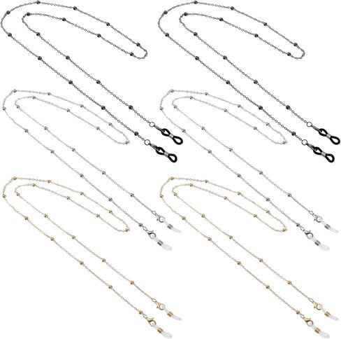 6 PCS Eyeglass Chains Reading Glasses Necklace for Women, Beaded Necklace Glasses Cord Holder, Adjustable Eyewear Retainer for Sunglasses and Reading Glasses (Gold, Silve, Black) in Saudi Arabia