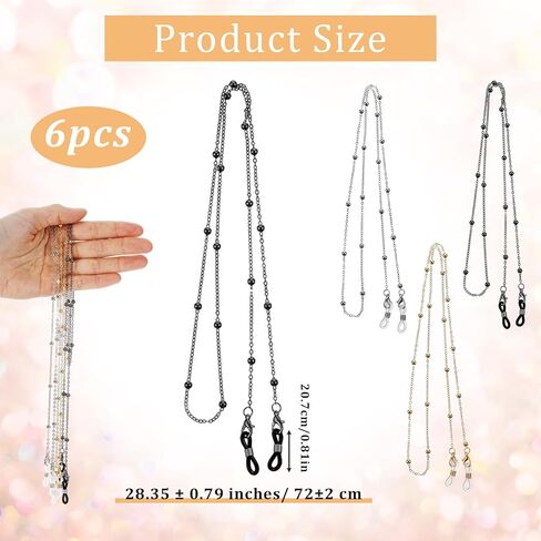 6 PCS Eyeglass Chains Reading Glasses Necklace for Women, Beaded Necklace Glasses Cord Holder, Adjustable Eyewear Retainer for Sunglasses and Reading Glasses (Gold, Silve, Black) in Saudi Arabia