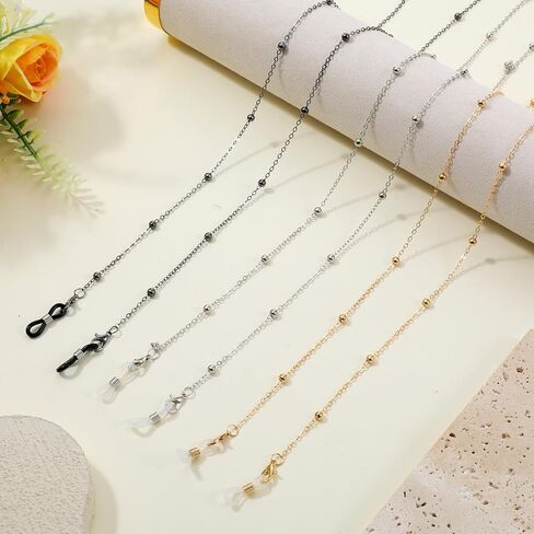 6 PCS Eyeglass Chains Reading Glasses Necklace for Women, Beaded Necklace Glasses Cord Holder, Adjustable Eyewear Retainer for Sunglasses and Reading Glasses (Gold, Silve, Black) in Saudi Arabia