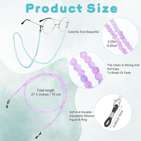 2Pcs Eyeglasses Chains for Women, Colorful Crystal Beaded Sunglass Holder Around Neck Wear, Eyeglass Retainer, Reading Glass Holder - Lake Blue+Purple in Saudi Arabia