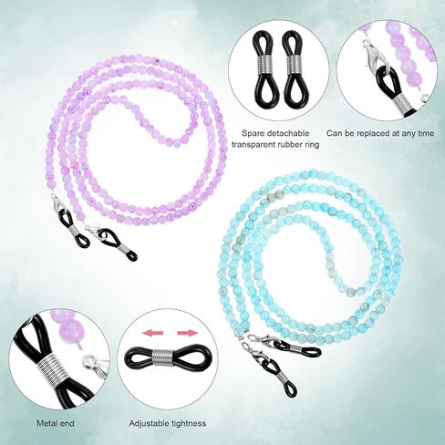 2Pcs Eyeglasses Chains for Women, Colorful Crystal Beaded Sunglass Holder Around Neck Wear, Eyeglass Retainer, Reading Glass Holder - Lake Blue+Purple in Saudi Arabia