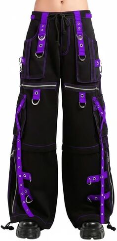 Gothic Punk Cargo Pants, Black with Purple Straps, Wide Leg Rave Trousers,Drawstring Waist, Unisex Alternative Fashion in Saudi Arabia