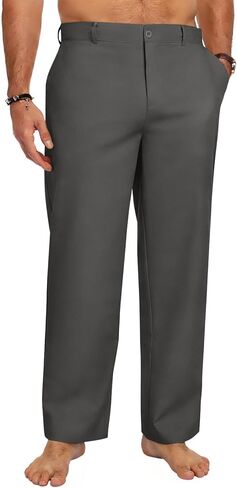 Puimentiua الرجال السراويل القطنية الكتان، السراويل العمل للرجال مرونة الرباط الخصر الربيع الصيف الأعمال عارضة السراويل in Kuwait