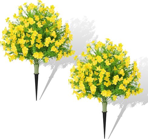 22.5" Artificial Boxwood Topiary Ball Trees with Flowers Set of 2 UV Resistant No Fade Outdoor Faux Plants with Ground Spike, Fake Shrubs for Garden, Patio, Porch, Yard, Indoor Décor-Yellow in Saudi Arabia