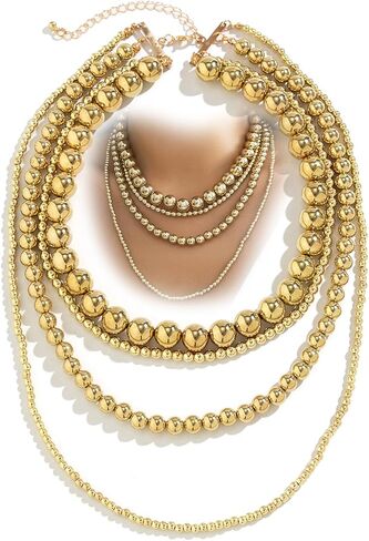Chunky Gold Bead Stackable Necklace for Women,Vintage Layered Big Round Beaded Statement Collar Necklaces,Formal Accessories Party Jewelry Gift in Kuwait
