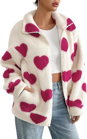 Heart Sherpa Jacket Women,Casual Zip Up Fuzzy Fleece Jackets,Cute Valentines Winter Coat With Pocket in Saudi Arabia