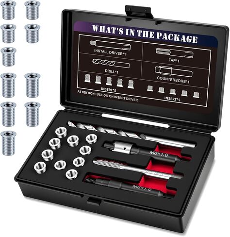 M6X1.0 Metric Thread Repair Kit with Insert HSS Drill, Tap, Installation Driver, Counterbore, Two Sizes Stainless Steel Insert 5PCS 9.4MM and 5PCS 12MM in Saudi Arabia