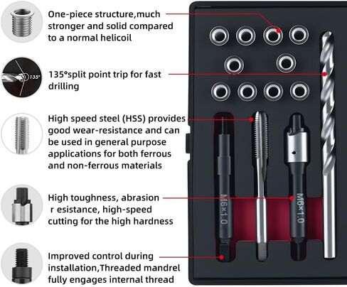 M6X1.0 Metric Thread Repair Kit with Insert HSS Drill, Tap, Installation Driver, Counterbore, Two Sizes Stainless Steel Insert 5PCS 9.4MM and 5PCS 12MM in Saudi Arabia