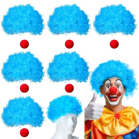 6 Pcs Clown Costume Wig Blue Fluffy Afro Wigs Blue Curly Wig Red Foam Clown Noses Halloween Wig Christmas Party Short Wig for Costume Cosplay Women Men Disco Party in Saudi Arabia
