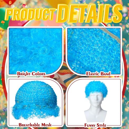 6 Pcs Clown Costume Wig Blue Fluffy Afro Wigs Blue Curly Wig Red Foam Clown Noses Halloween Wig Christmas Party Short Wig for Costume Cosplay Women Men Disco Party in Saudi Arabia