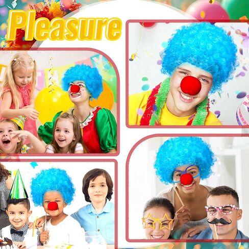 6 Pcs Clown Costume Wig Blue Fluffy Afro Wigs Blue Curly Wig Red Foam Clown Noses Halloween Wig Christmas Party Short Wig for Costume Cosplay Women Men Disco Party in Saudi Arabia